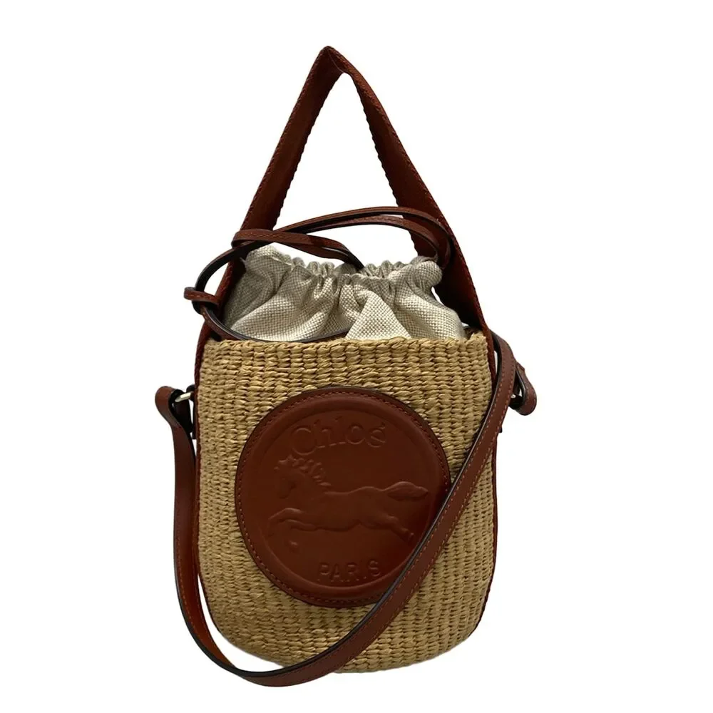 Chloé Basket Shoulder Bag CHC25SS529O8227S Beige Dark Brown Straw Leather